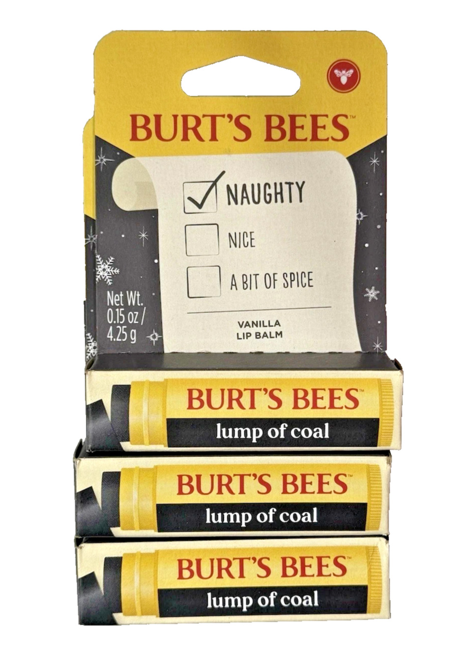 3x Burts Bees Lump of Coal Vanilla Lip Balm Limited Holiday Edition 4.25g Each